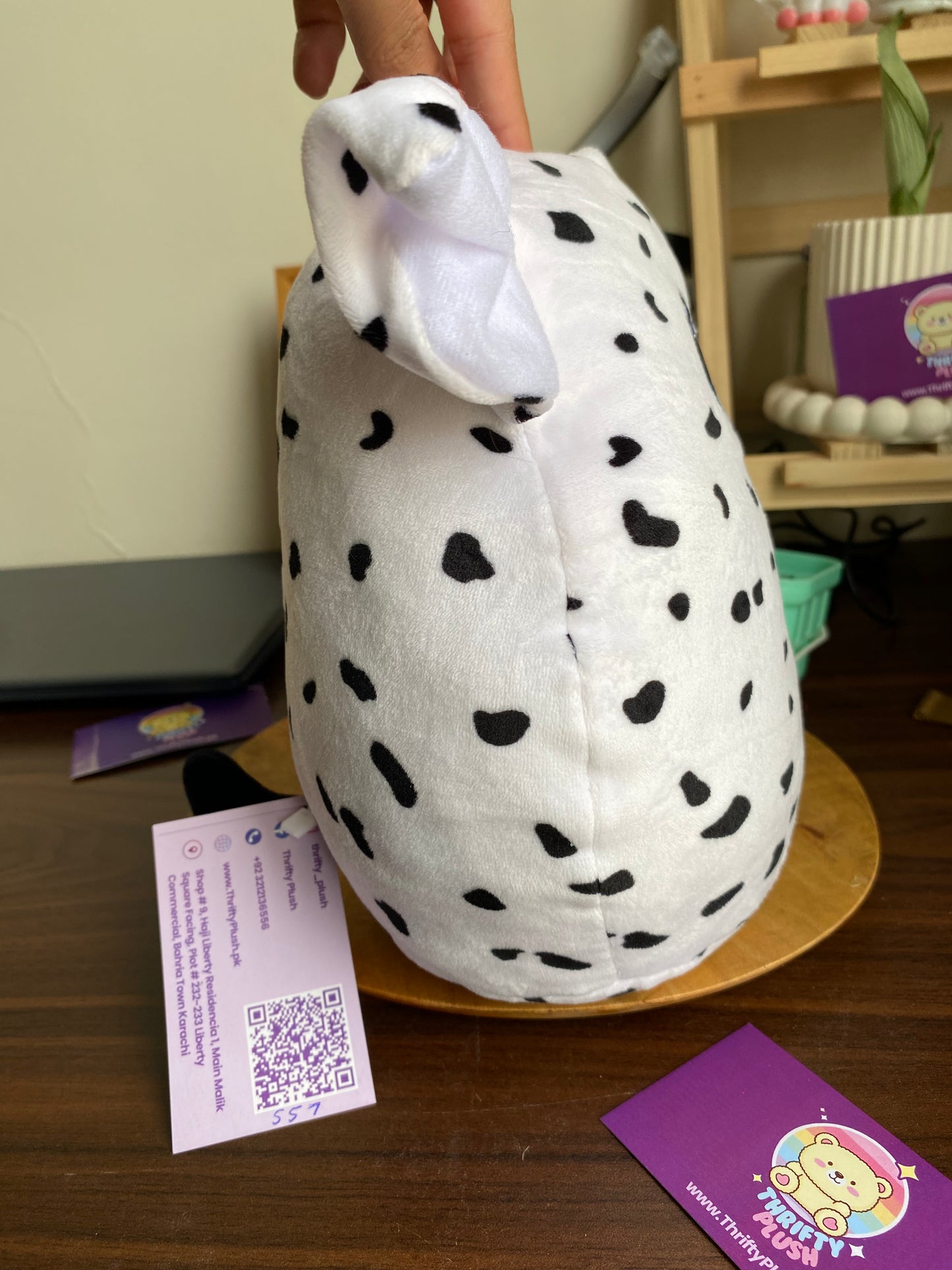 Dalmatian-themed plush toy from the Ty Squish. Fetch is a black and white Dalmatian dog with blue eyes and one black ear