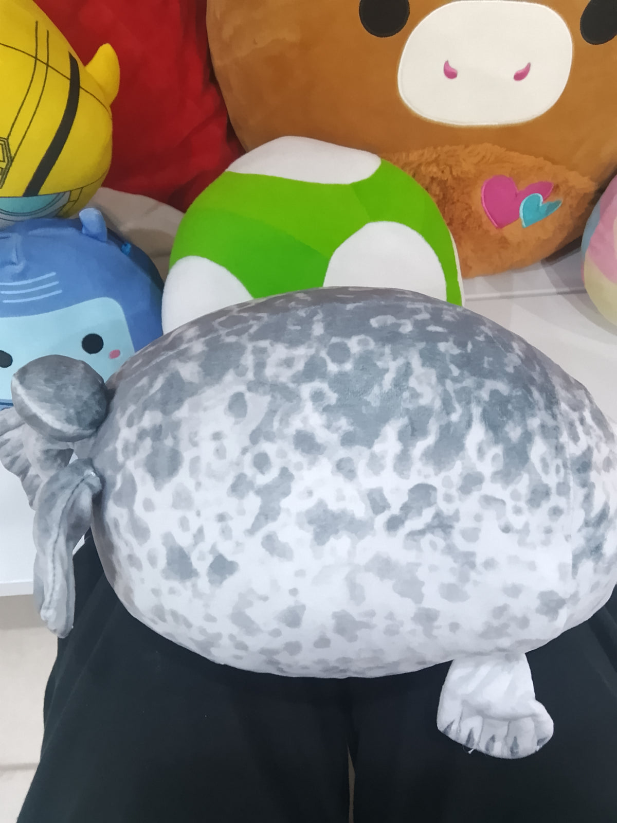 Squishmallow-style chubby ringed seal plush toy mottled grey and white pattern