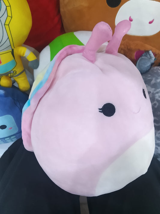 Squishmallow plush toy named Silvina the Snail, glittery antennae and a pastel tie-dye shell.