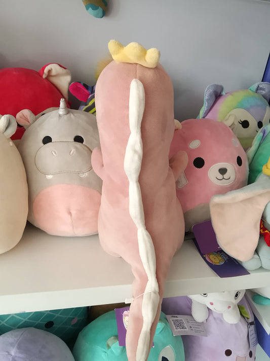 Pink dinosaur plush toy designed for children.