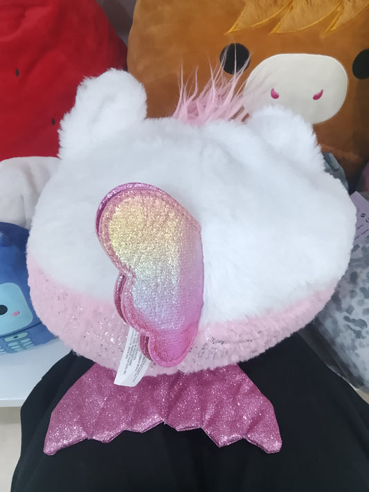ZURU Rainbocorns Mermaidcorn kitten plush white furry face, pink hair, and a sparkly pink glitter heart.