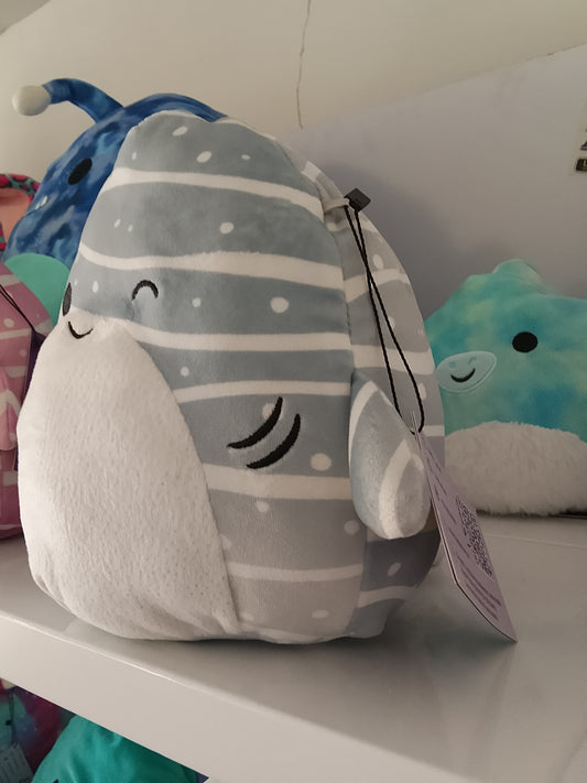 Squishmallows Sachie the Gray Striped Whale Shark plush toy.