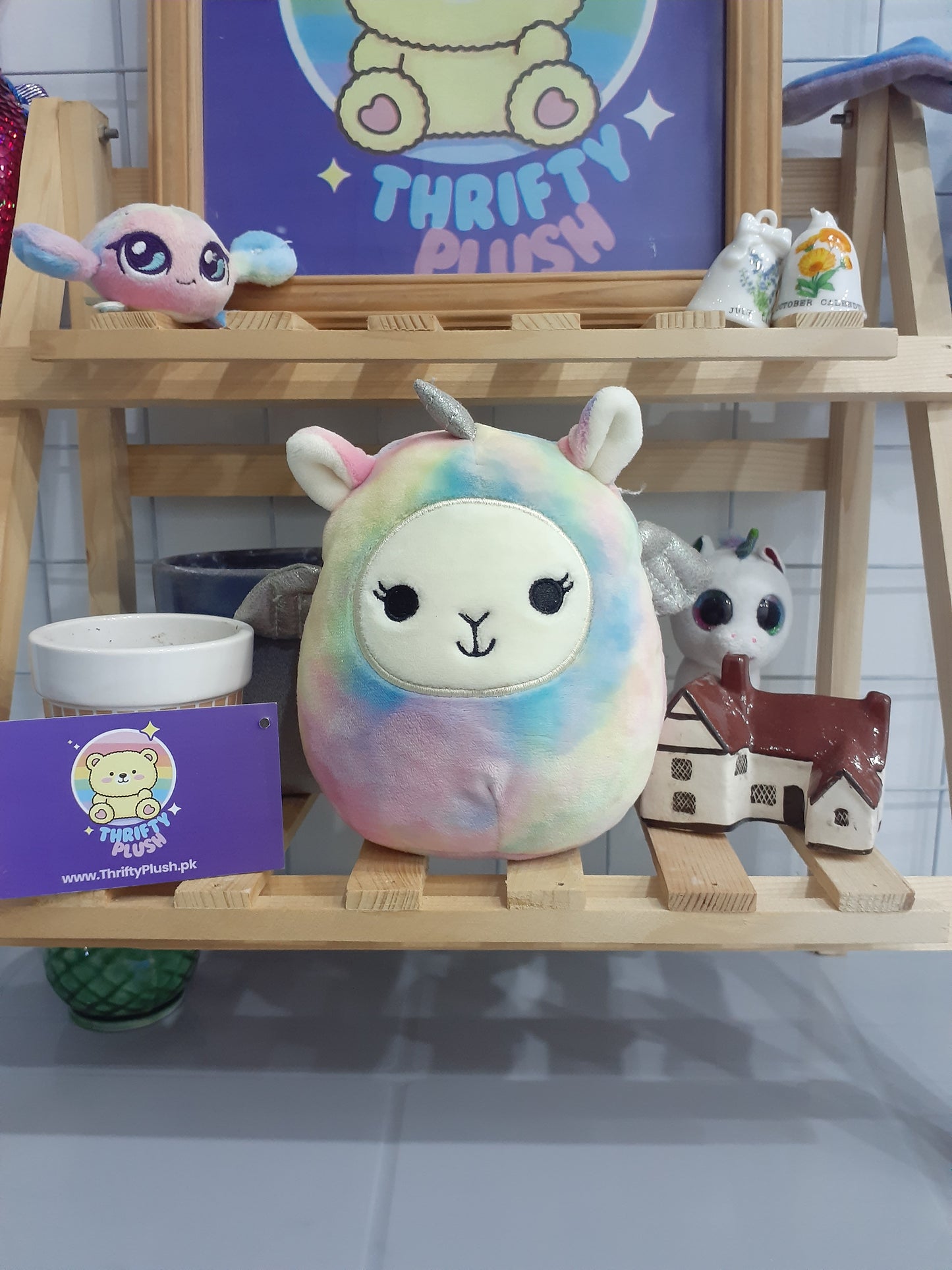 Squishmallow Named Lucy-May, A Rainbow Tie-Dye Llamacorn Plushie