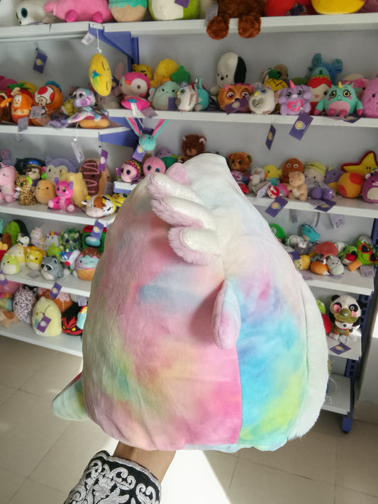 Squishmallows plush toy Tinley the Tie-Dye Axolotl with a soft, fuzzy belly.