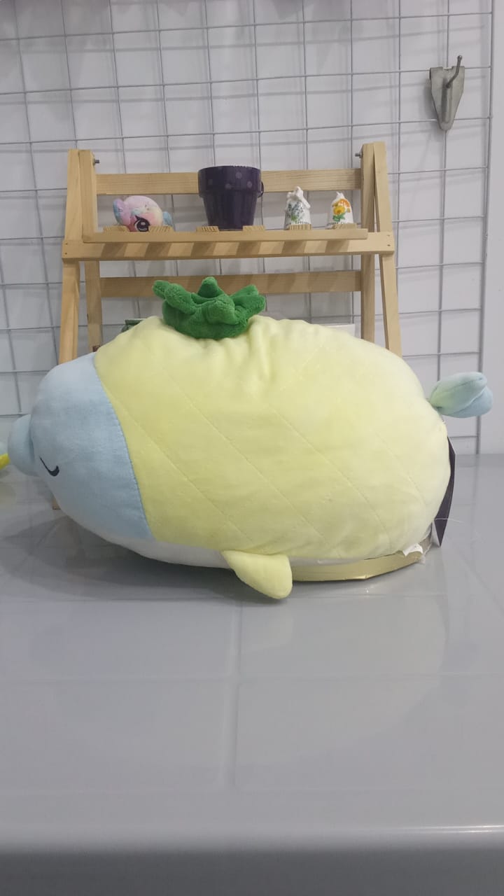 Daiso Pineapple Dolphin Whale 16" Pillow Plush Yellow Blue Stuffed Toy.