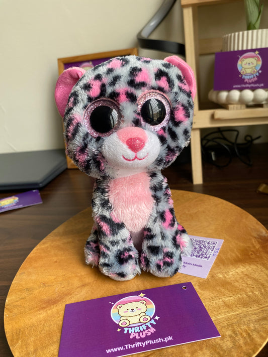 TY "Tasha" Pink & Black Leopard Beanie Boo Baby With Sparkly Eyes. 6”