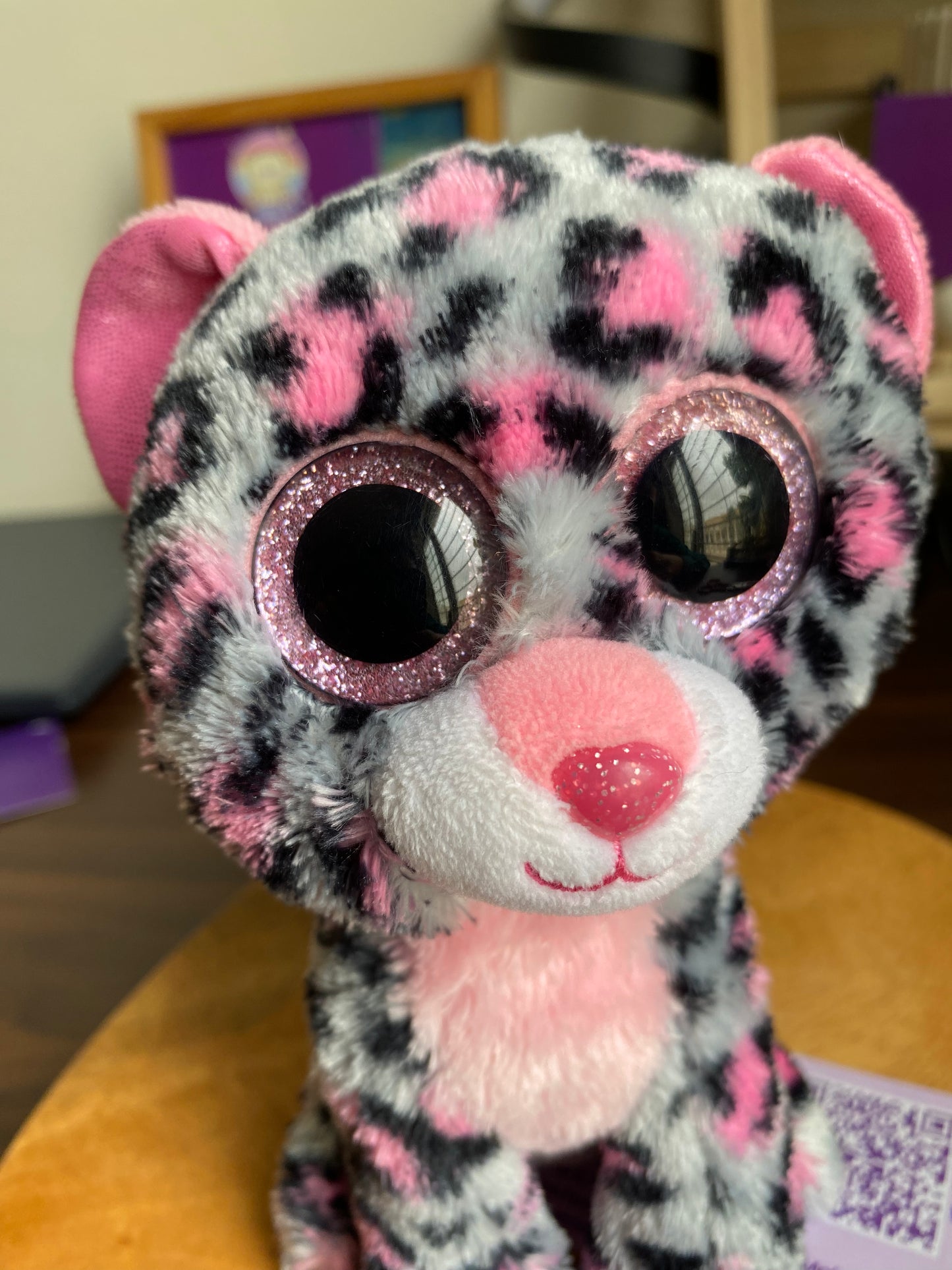 TY "Tasha" Pink & Black Leopard Beanie Boo Baby With Sparkly Eyes. 6”