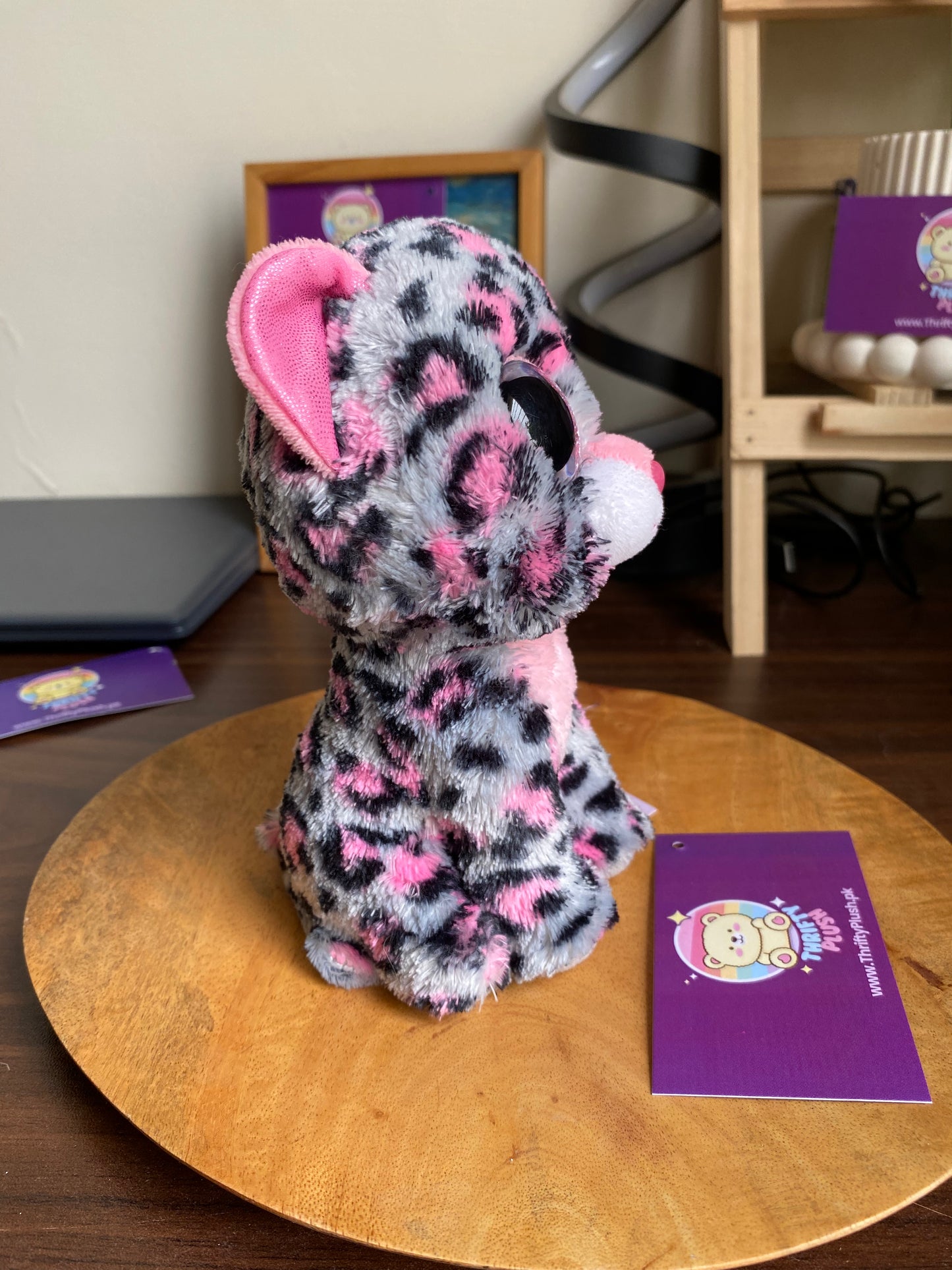 TY "Tasha" Pink & Black Leopard Beanie Boo Baby With Sparkly Eyes. 6”