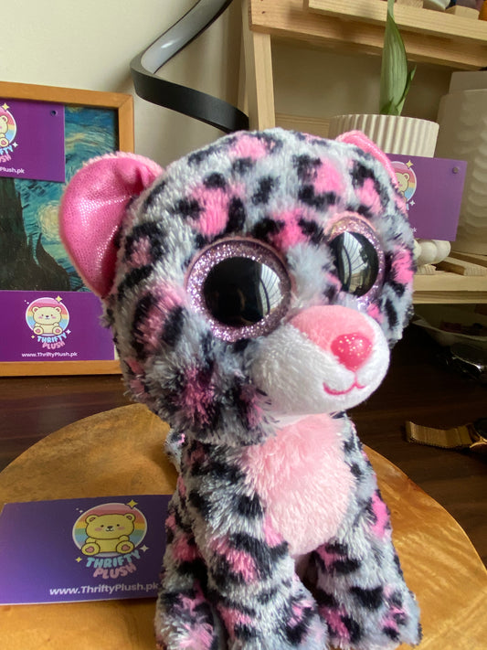 TY "Tasha" Pink & Black Leopard Beanie Boo Baby With Sparkly Eyes. 6”