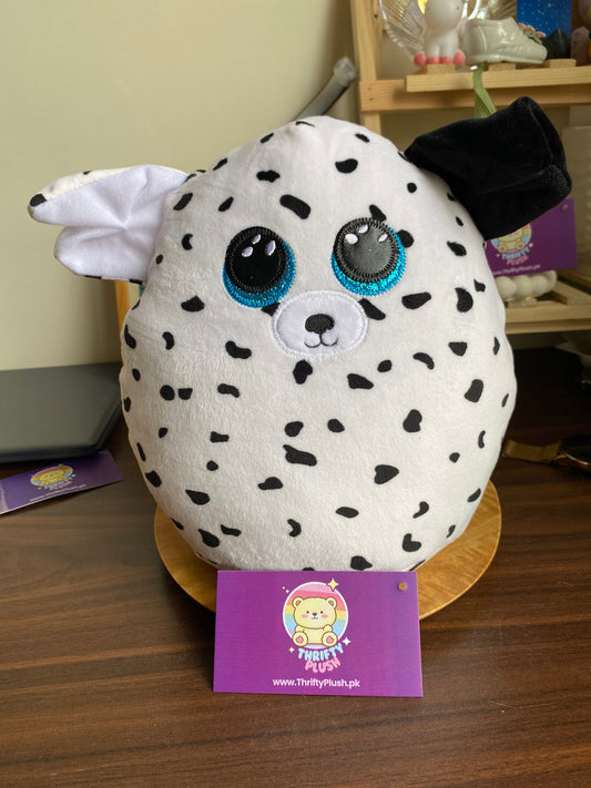 Dalmatian-themed plush toy from the Ty Squish. Fetch is a black and white Dalmatian dog with blue eyes and one black ear