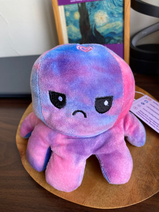 Tie-dye reversible mood octopus plushie with angry face – pink and purple soft toy in Pakistan