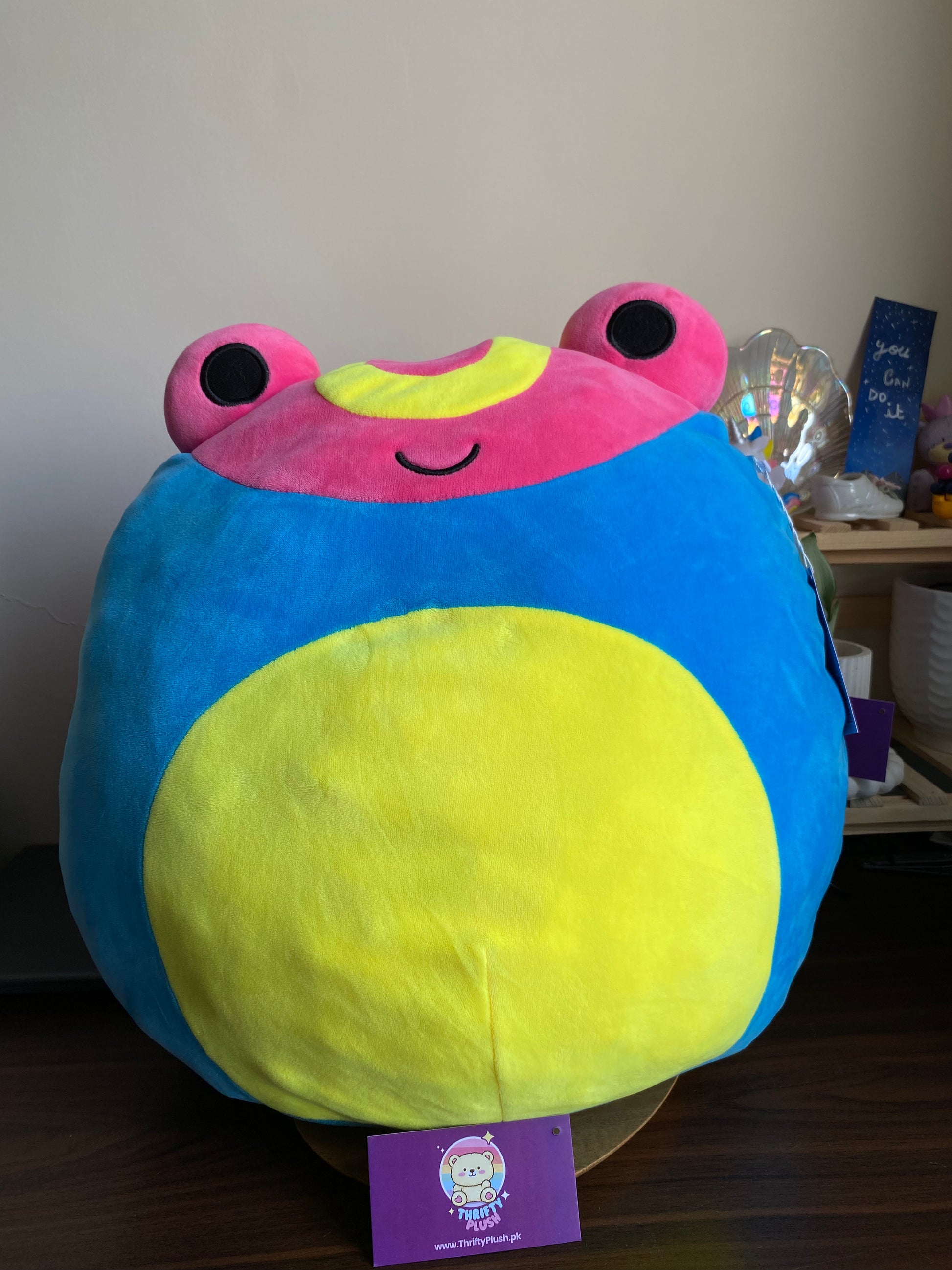 Rare Squishmallows 16-inch frog plush toy in vibrant yellow, blue, and pink colors – ultra-soft stuffed animal pillow, perfect for kids, collectors, and cuddly gifts.