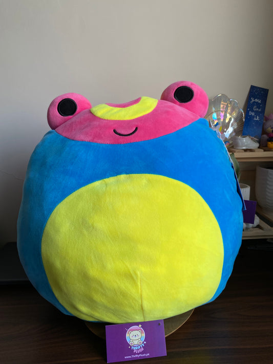 Rare Squishmallows 16-inch frog plush toy in vibrant yellow, blue, and pink colors – ultra-soft stuffed animal pillow, perfect for kids, collectors, and cuddly gifts.
