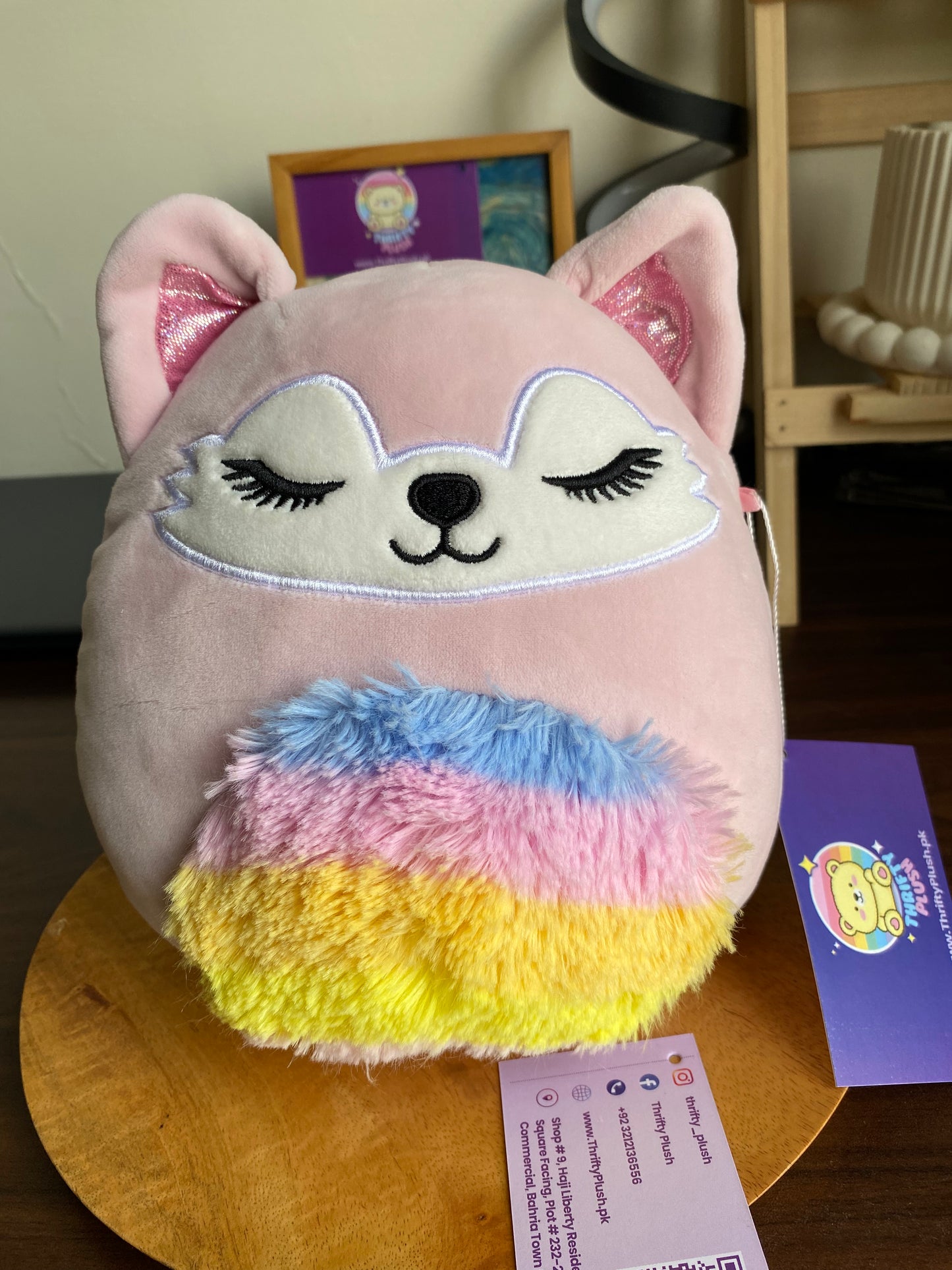 8-inch Squishmallow Alessi the Fox plush – pink sleepy fox with glitter ears and fuzzy rainbow belly