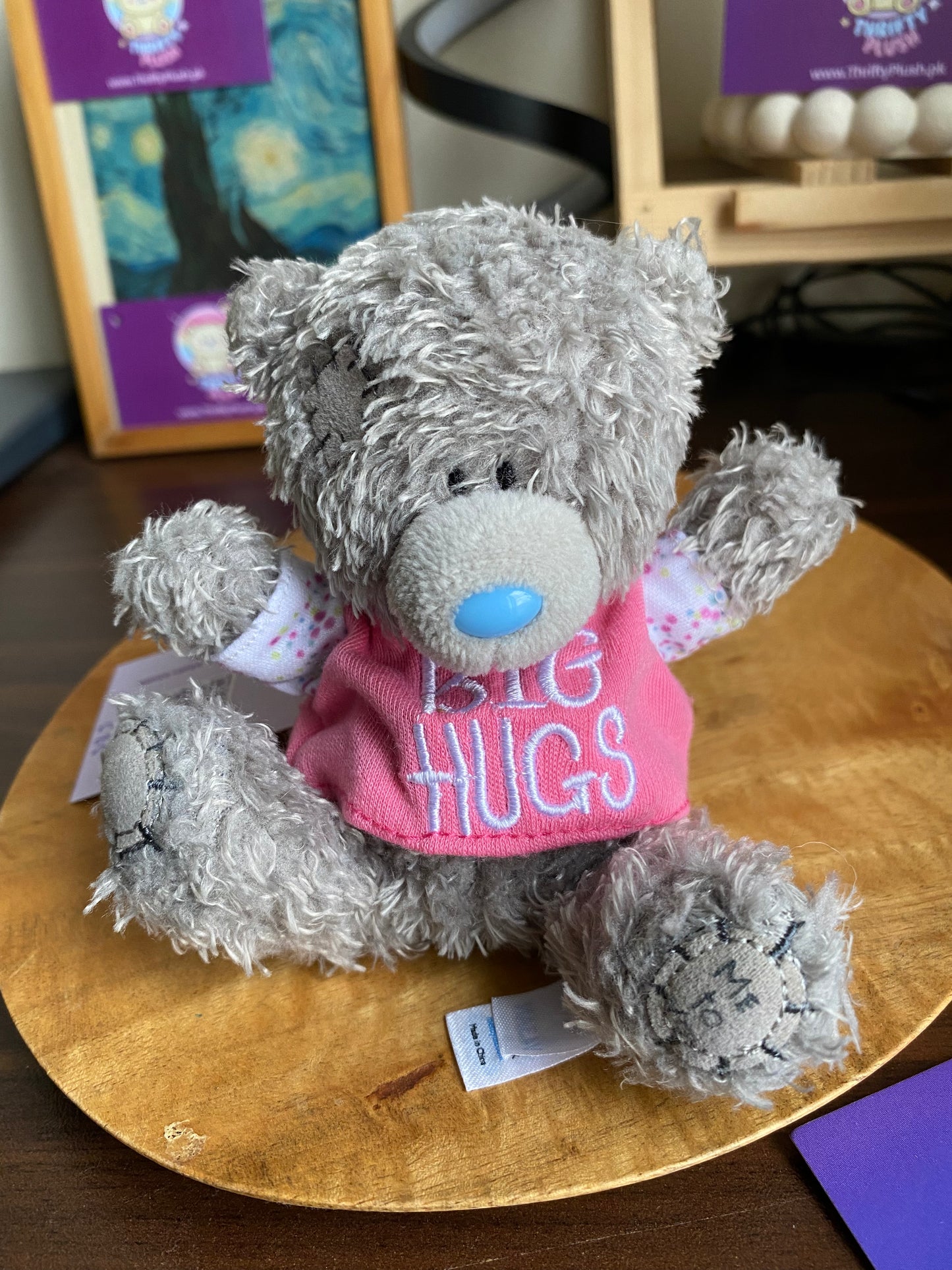 Me to You Tatty Teddy plush wearing pink Big Hugs shirt – grey blue nose bear collectible