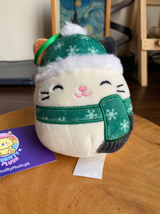 Photo of a 4-inch Squishmallows plush ornament featuring Cam the Cat—a calico cat with black and brown patches—wearing a green winter hat with snowflake design and a matching green scarf.