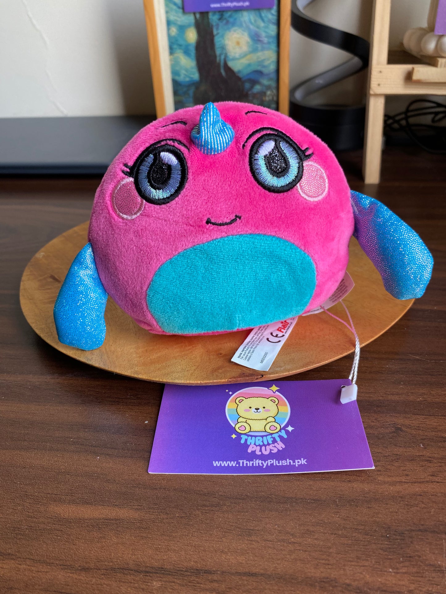 Natalie the Narwhal 6” Mush Meez plush, pink body with teal belly, front view