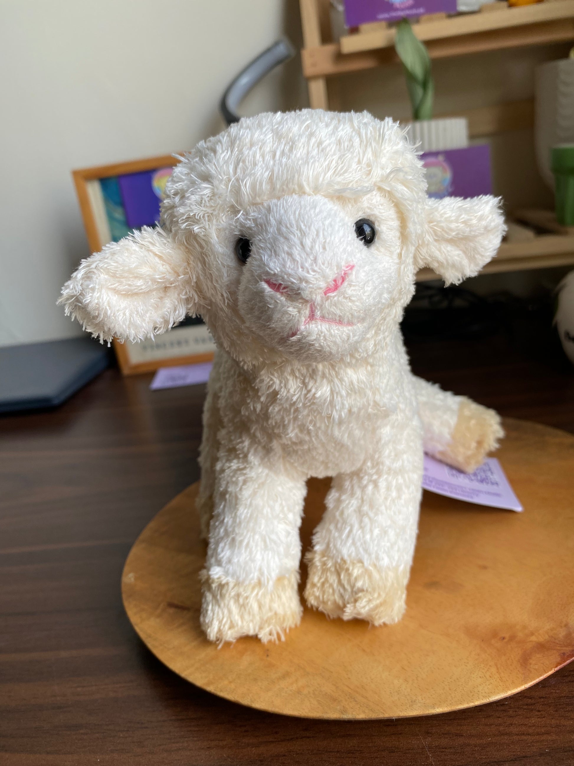 Little Bit Lamb plush toy, creamy white textured coat, front view