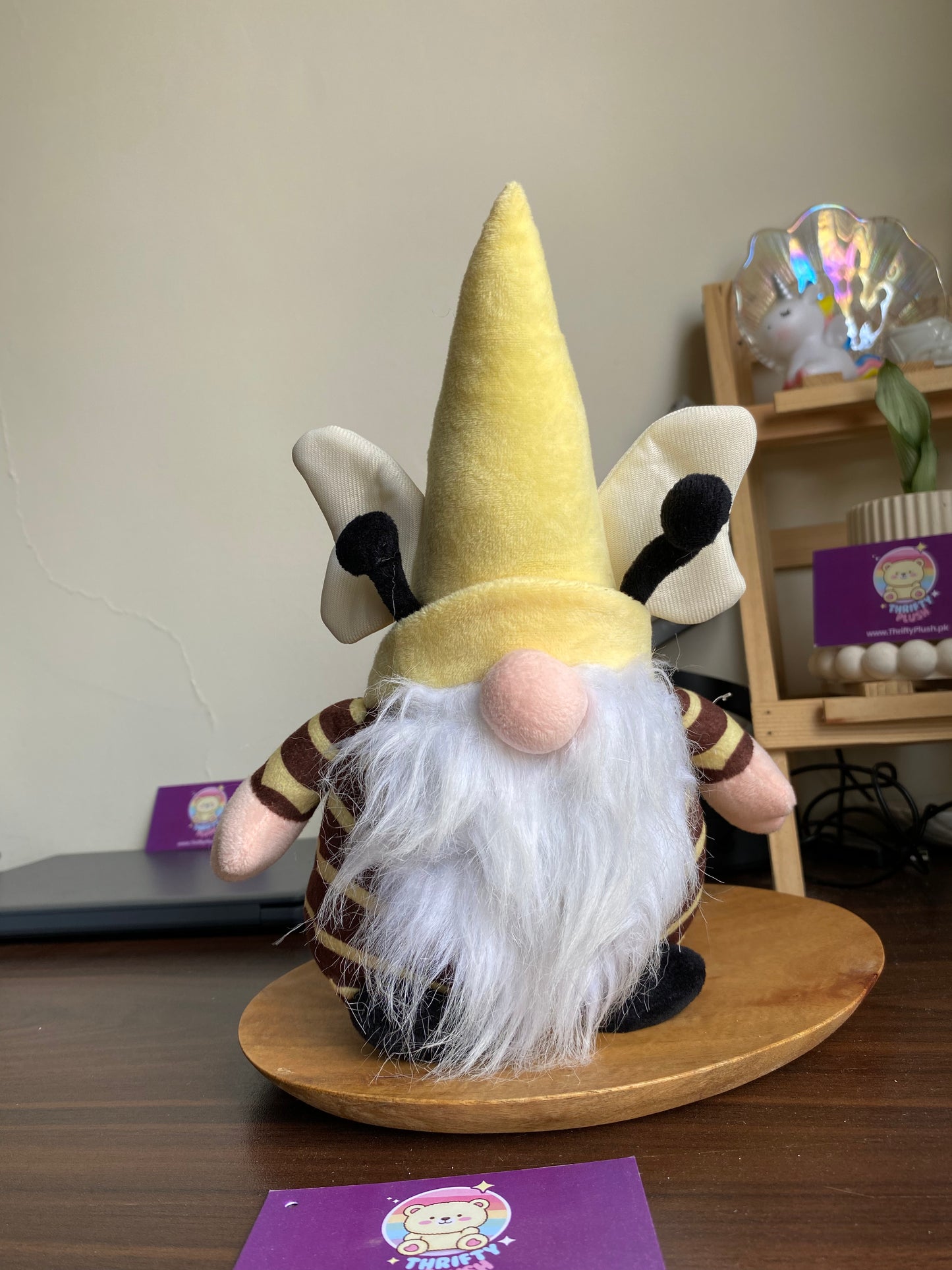 Yellow and brown stripped garden gnome plush, whimsical core 