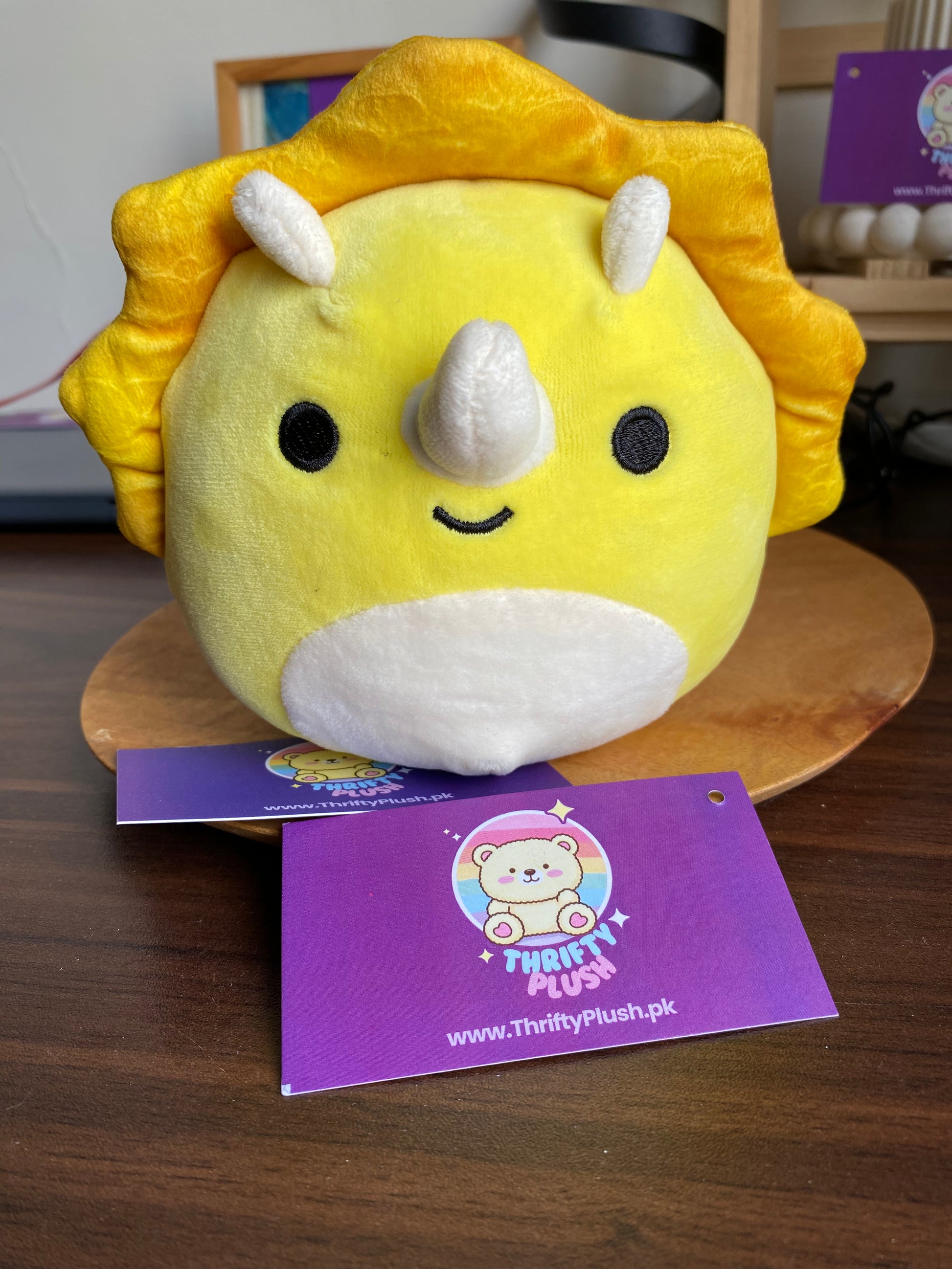 Yellow Lancaster Triceratops Squishmallow, 5-inch soft plush, yellow body with white horns