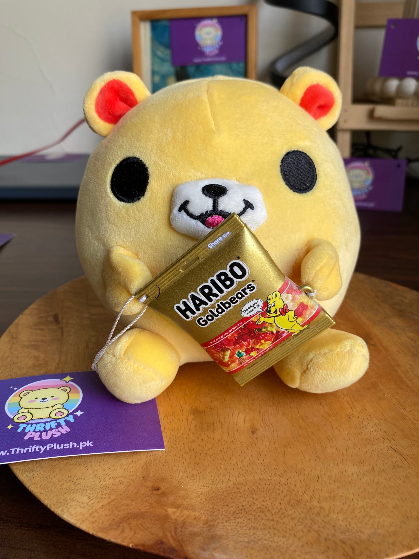 Mini yellow Snackles Nancy Haribo Bear plush holding Haribo gummy bears, 5 inch soft toy