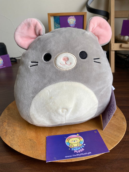 Kellytoy Squishmallow Misty the Mouse plush, 8 inch rare HTF soft toy with gray body and pink ears.
