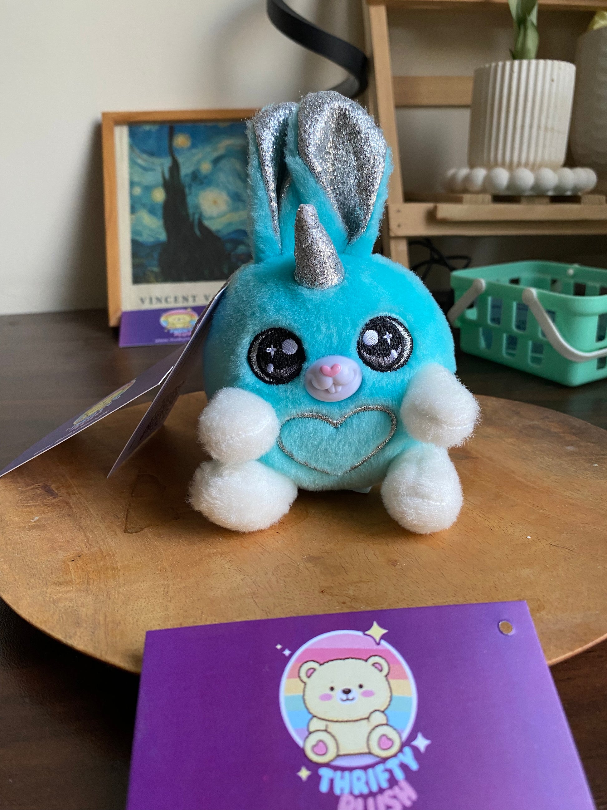 Adorable turquoise bunny-unicorn plush with heart belly and glitter horn — Thrifty Plush