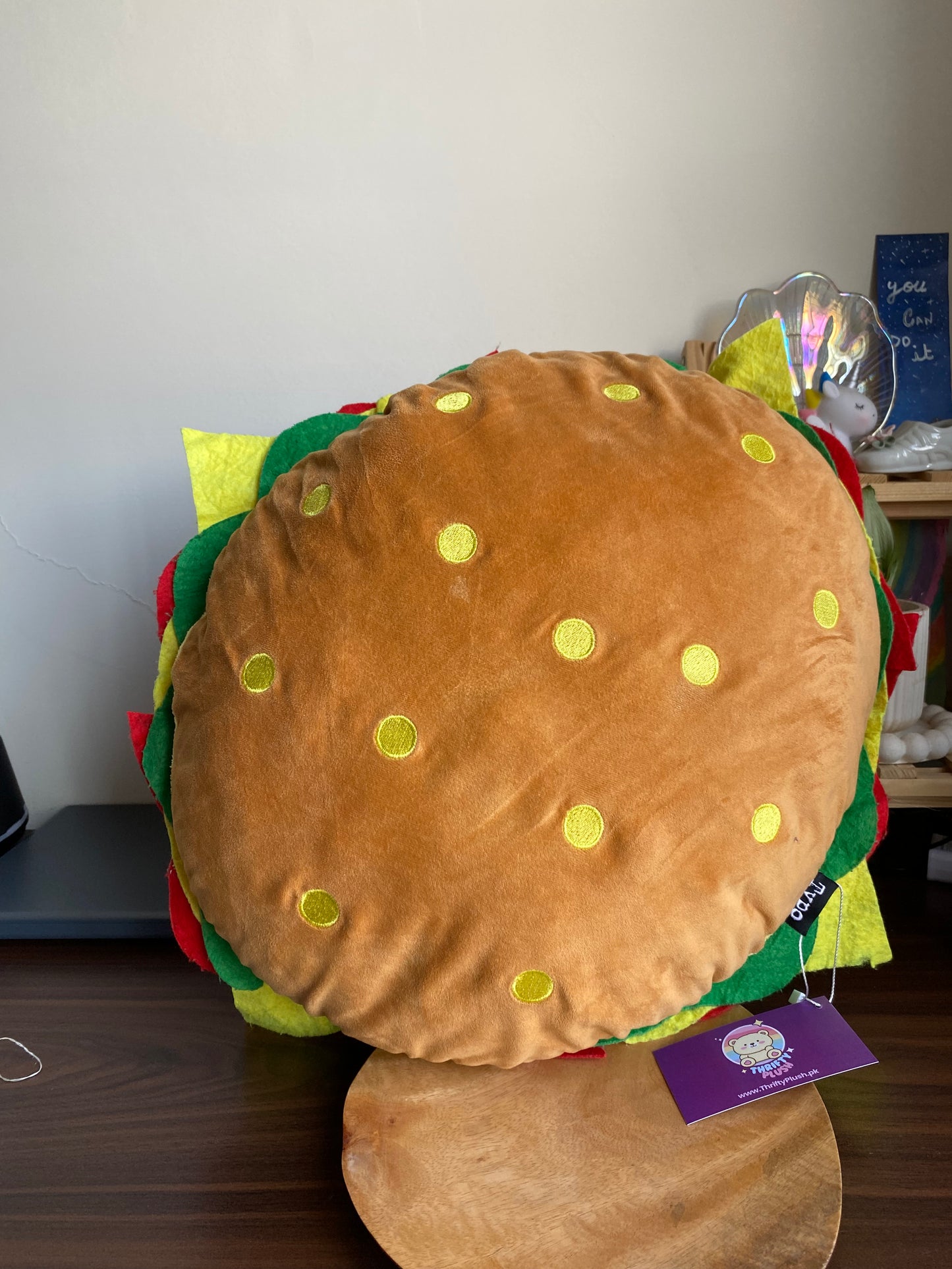 Cheeseburger Plush Cushion – Typo Style Burger Pillow | Soft Novelty Decor – ThriftyPlush.p