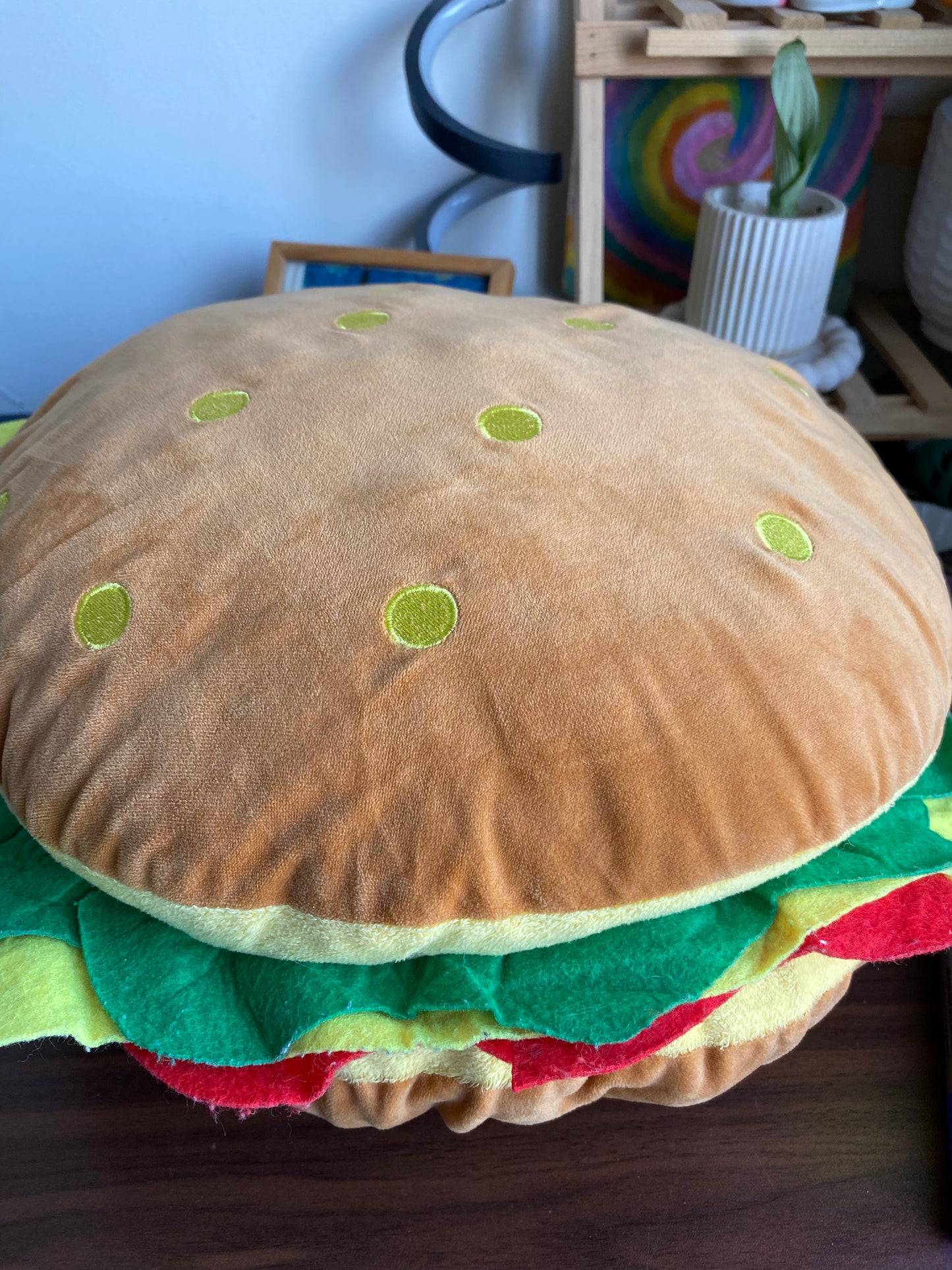 Cheeseburger Plush Cushion – Typo Style Burger Pillow | Soft Novelty Decor – ThriftyPlush.p