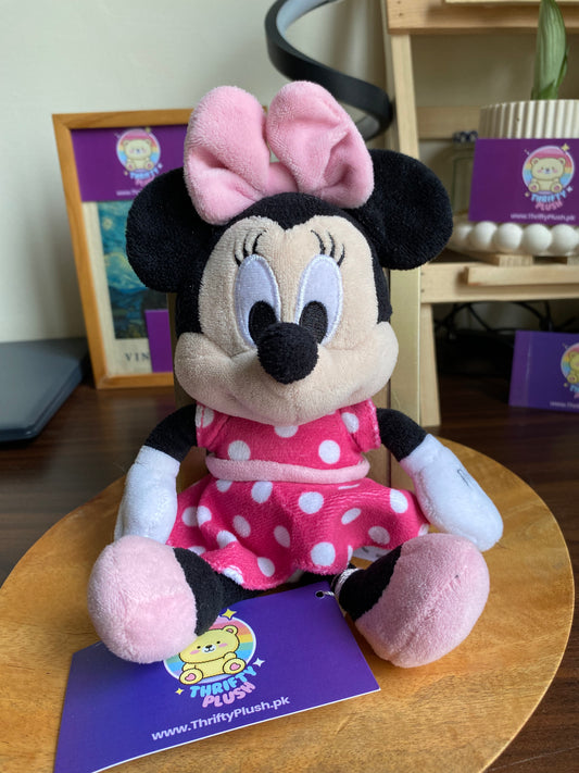 Pre-loved Disney Minnie Mouse plush toy in pink polka dot dress – soft toy for sale in Pakistan
