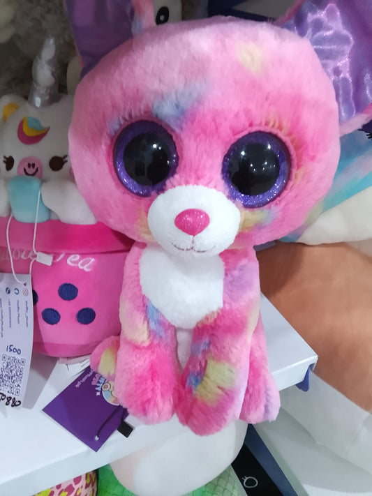 Ty Beanie Boos Cancun Chihuahua dog plush toy pink, yellow, and blue tie-dye fur and purple glitter eyes