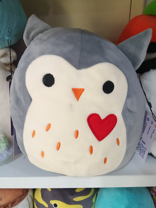 Squishmallow Samantha the Grey Owl Valentine plush toy.