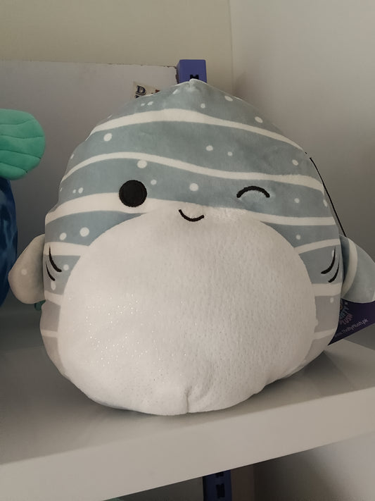 Squishmallows Sachie the Gray Striped Whale Shark plush toy.