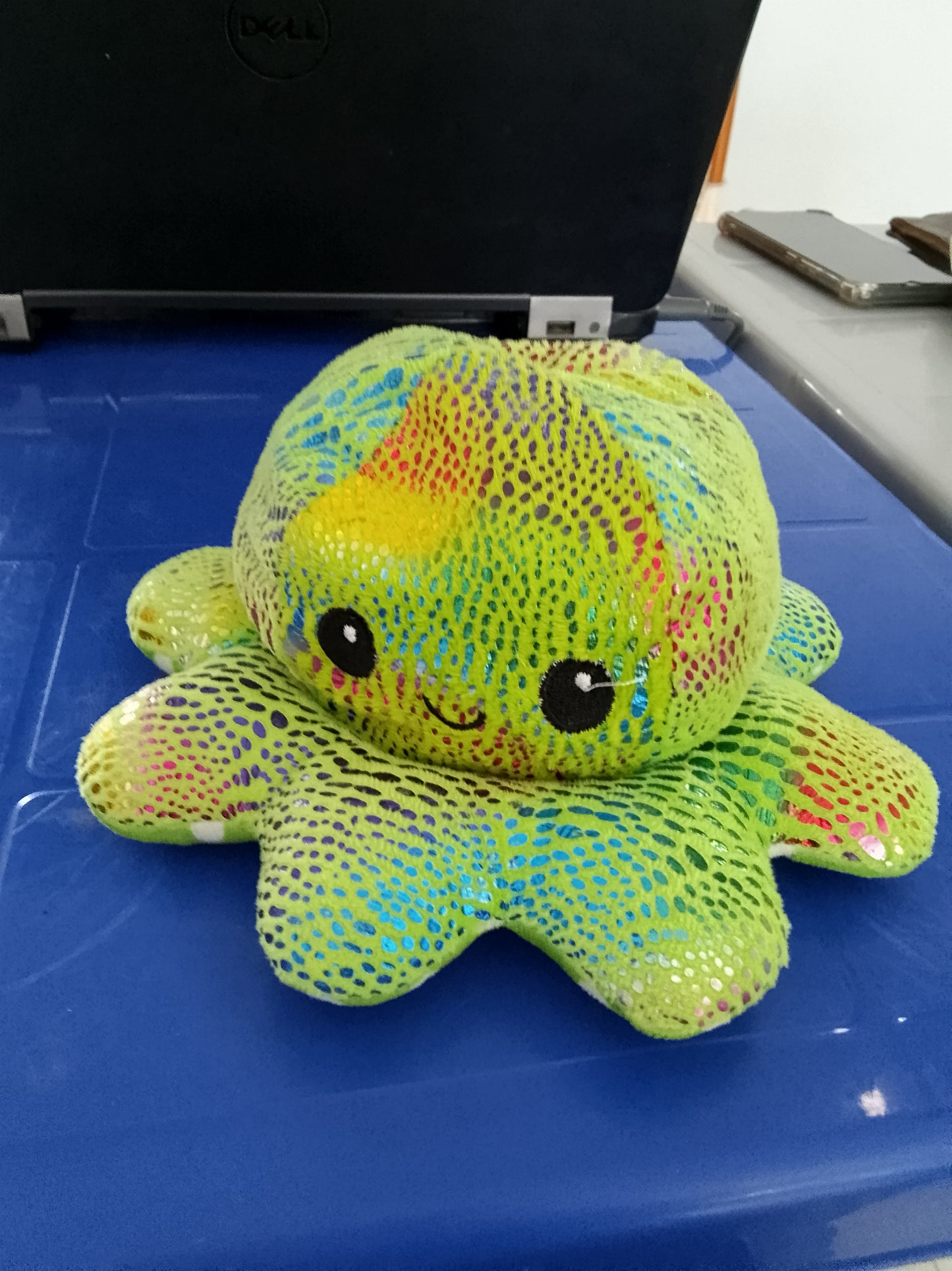 Green & multicolor reversible octopus plush toy.
