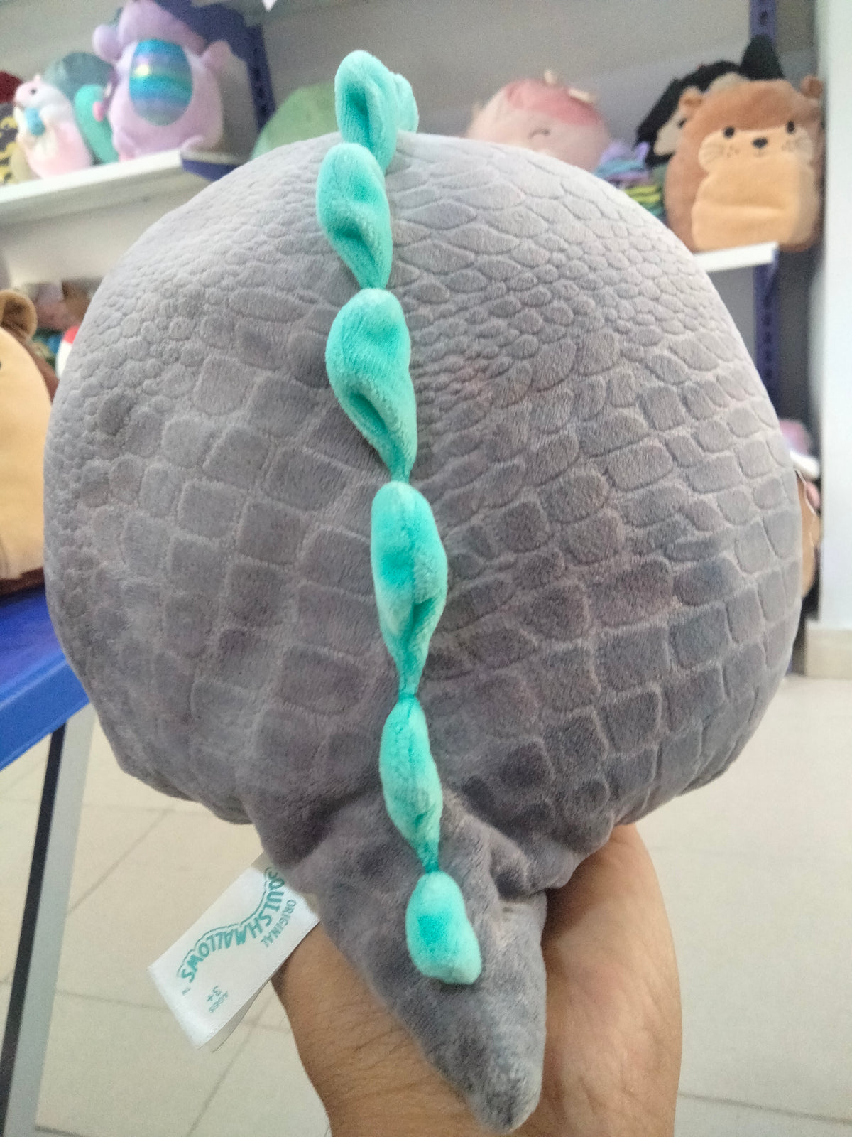 Squishmallows Chuey the T-Rex dinosaur plush in gray and teal.