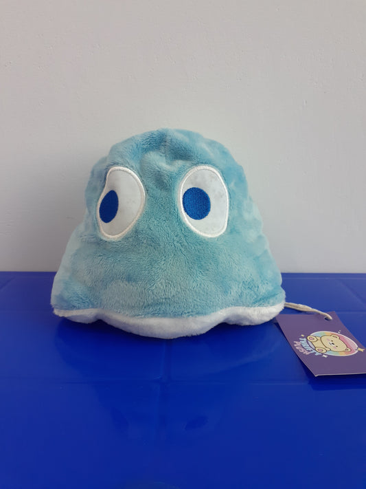 Pac-Man Reversible Ghost Plush Toy. It Is Light Blue And White