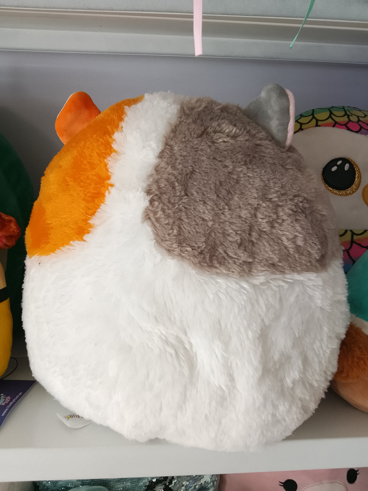 Squishmallows Fuzzamallows Everett the Guinea Pig plush toy, fuzzy texture and tri-color design.