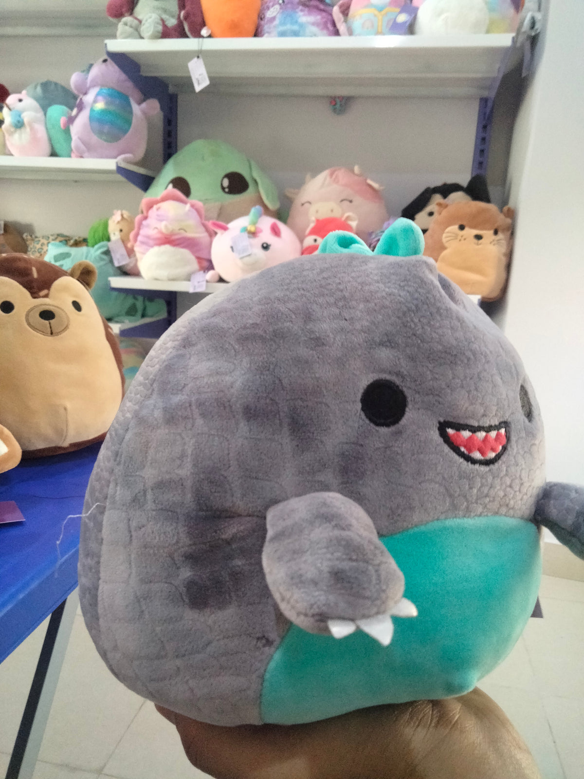 Squishmallows Chuey the T-Rex dinosaur plush in gray and teal.