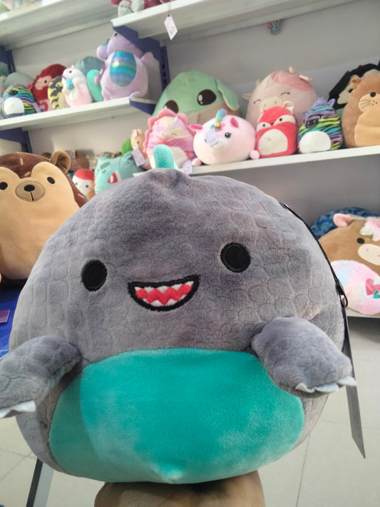 Squishmallows Chuey the T-Rex dinosaur plush in gray and teal.