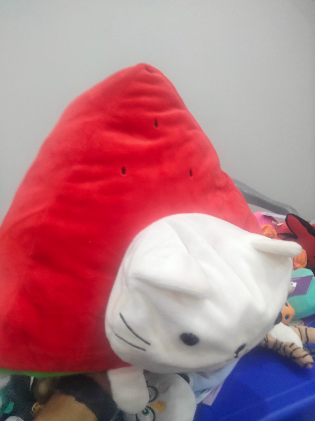 This is a San-X Nyan Nyan Nyanko plush toy featuring a white cat inside a watermelon slice
