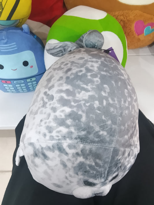 Squishmallow-style chubby ringed seal plush toy mottled grey and white pattern