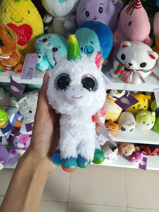 Ty Beanie Boos Pixy White Unicorn plush toy featuring sparkly rainbow glitter eyes and a rainbow horn.