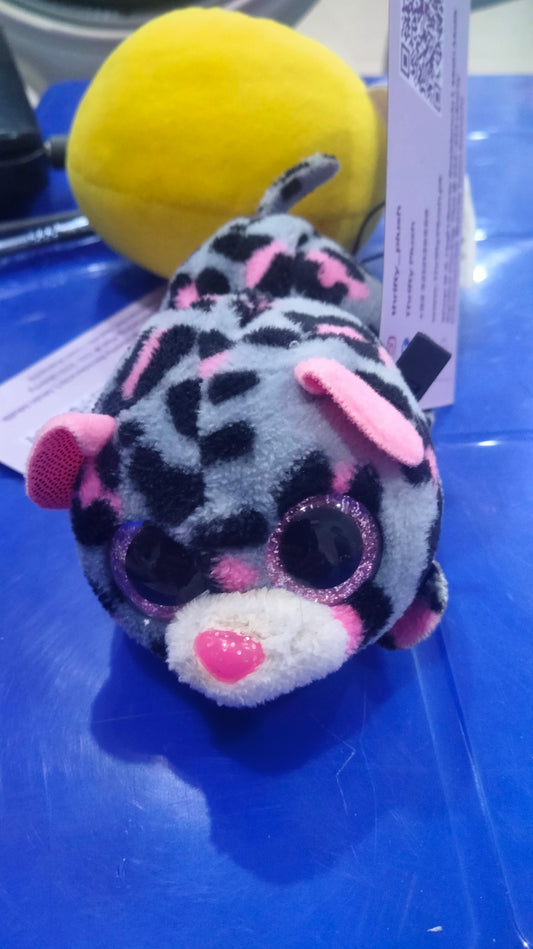 Ty Teeny Tys Miles the Leopard plush toy with a gray, black, and pink color scheme