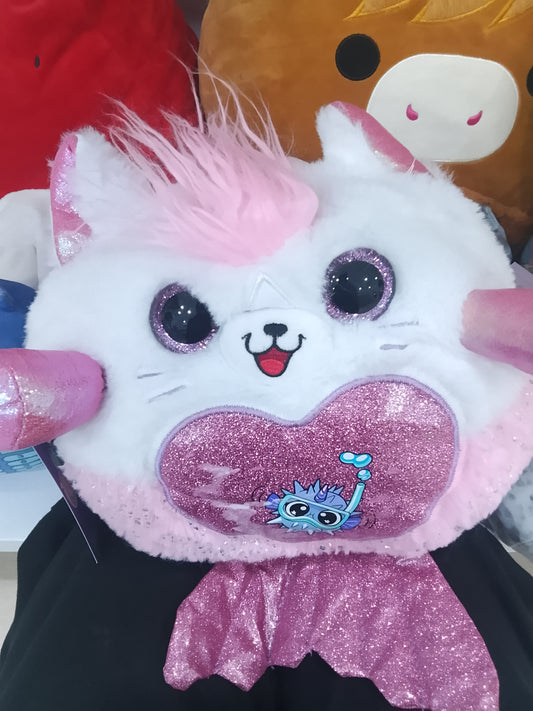 ZURU Rainbocorns Mermaidcorn kitten plush white furry face, pink hair, and a sparkly pink glitter heart.