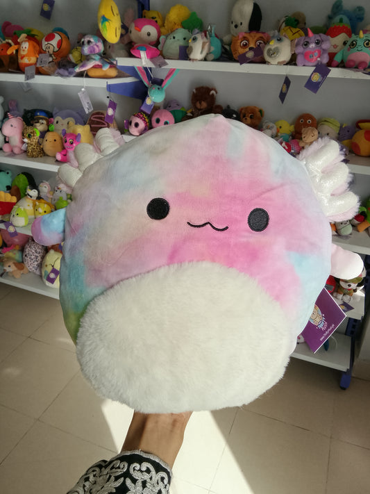 Squishmallows plush toy Tinley the Tie-Dye Axolotl with a soft, fuzzy belly.