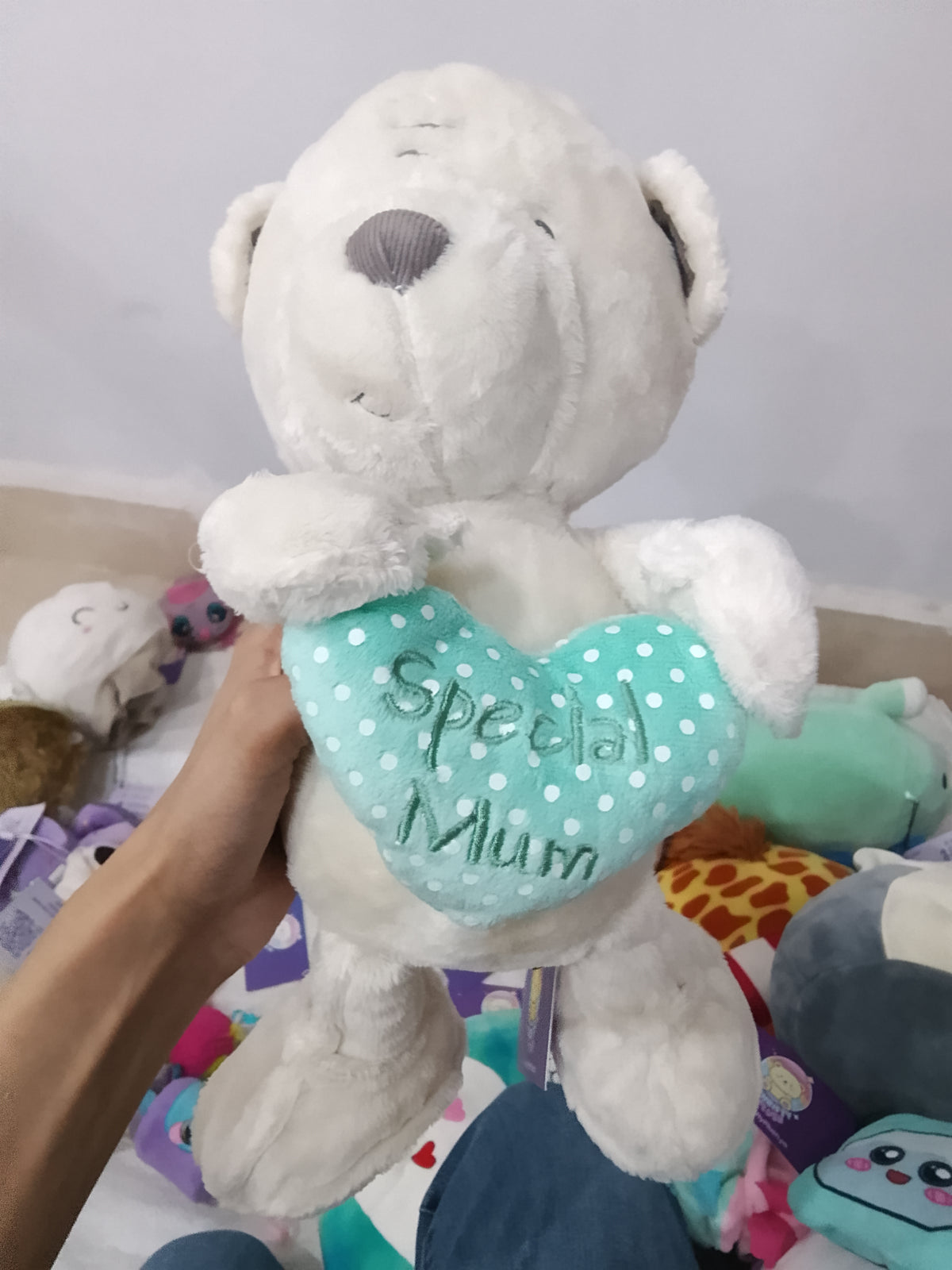 white plush "Hug Me Bear" holding a teal heart embroidered with "Special Mum".