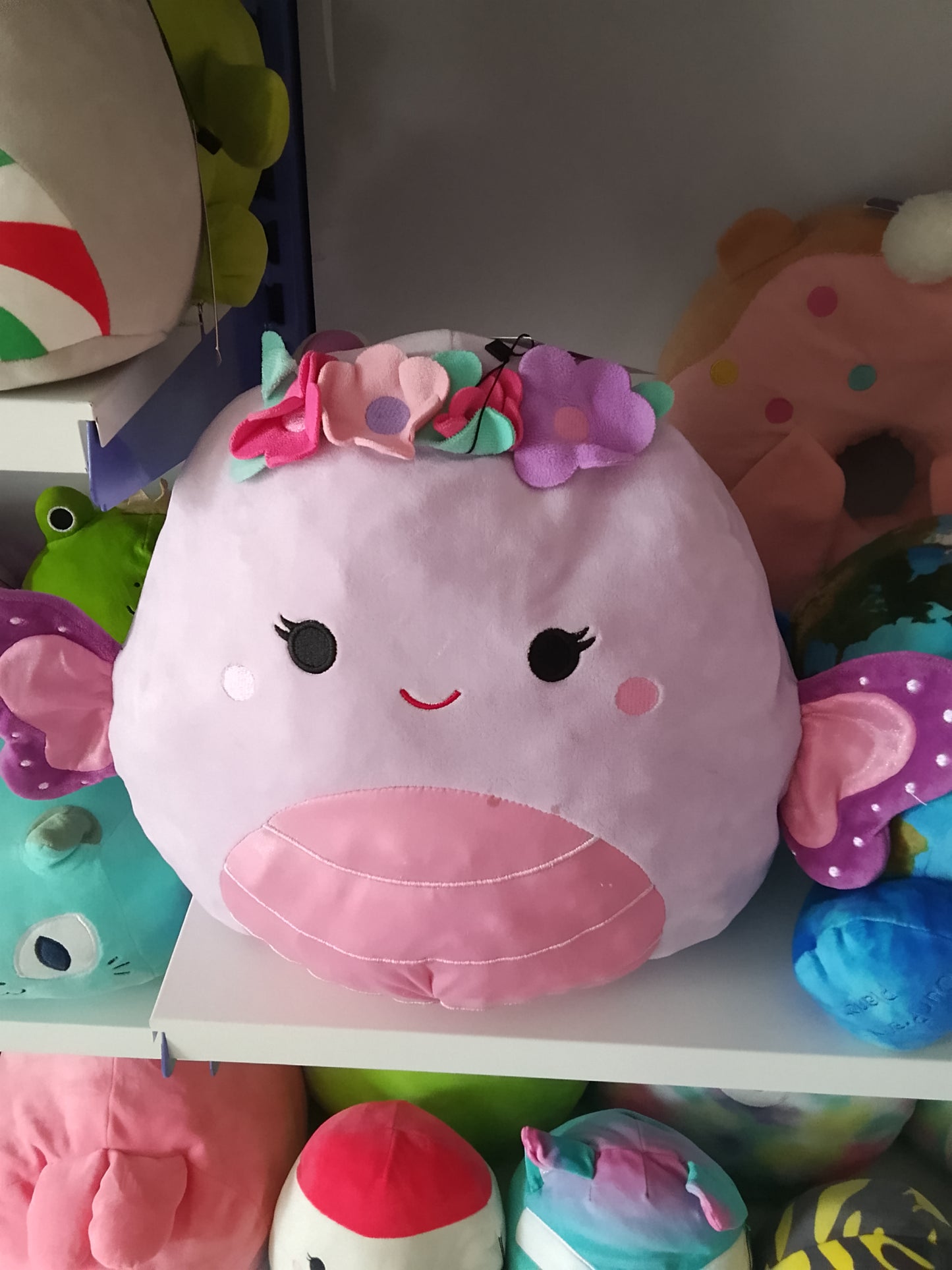 Squishmallows Brenda the Butterfly purple color, pink belly, and decorative flower crown plush toy.