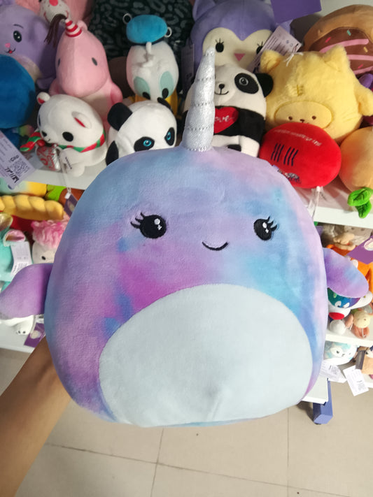 Squishmallows Hallie the Tie-Dye Narwhal plush in blue and purple.
