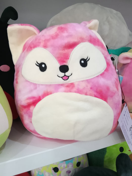 Squishmallow Kellytoy Sabine the Fox plush toy in a pink tie-dye pattern.