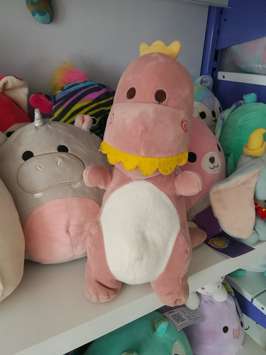 Pink dinosaur plush toy designed for children.